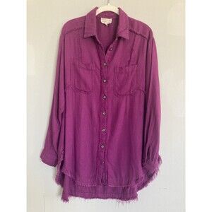 Dress Up Button Up Tunic Blouse MEDIUM Raw Hem Magenta Pink Linen Viscose